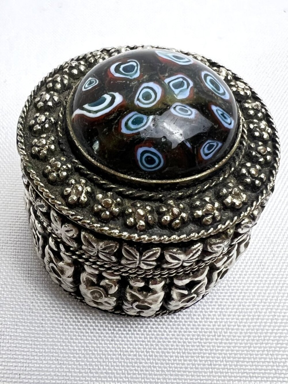 Silver Metal Pill Trinket Box Ornate Vintage Floral Design Evil Eye Cabochon Lid